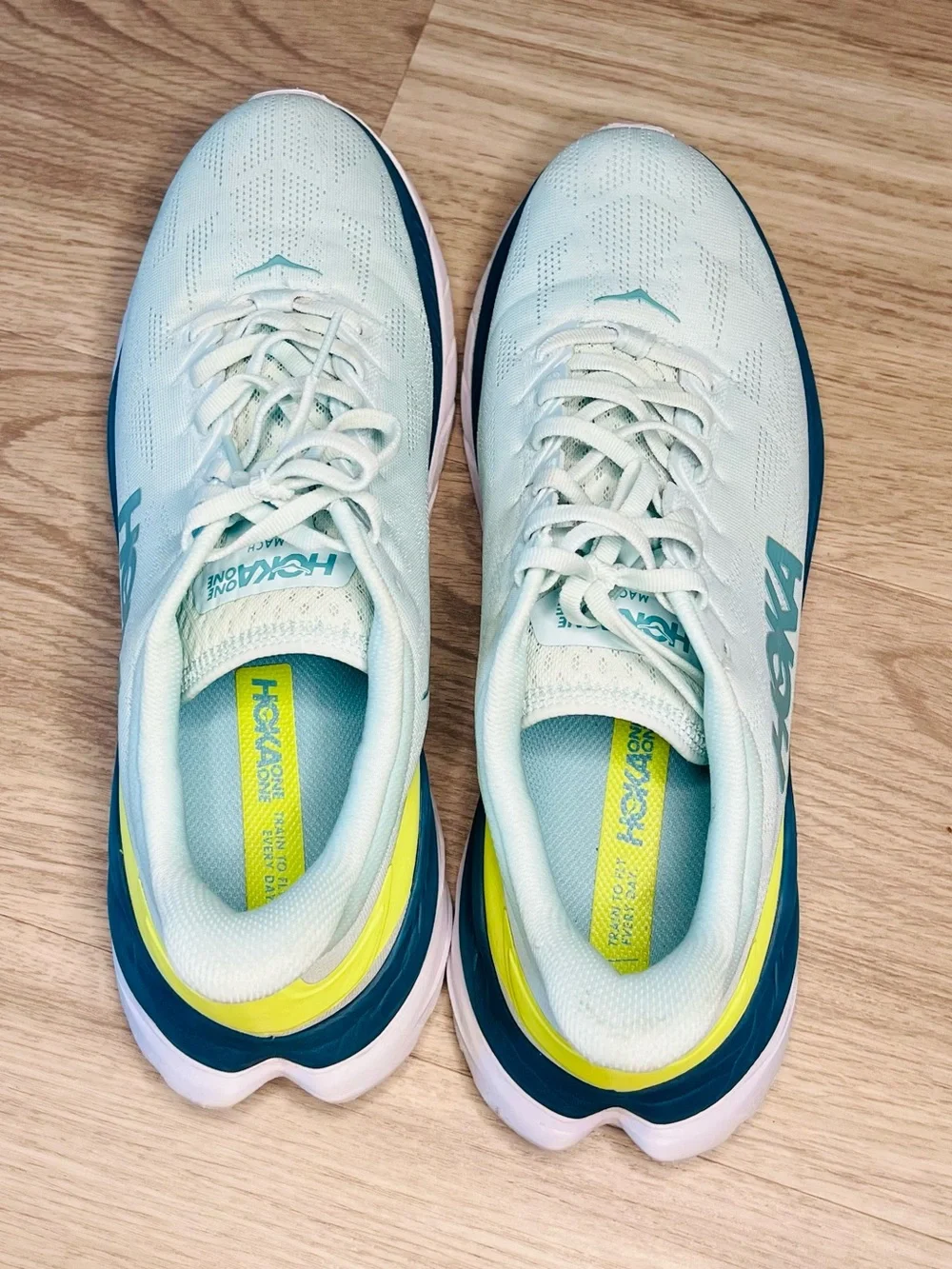 HOKA ONE ONE MACH 4 Men’s 12D Blue Glass Evening Primrose Athletic Running Shoes